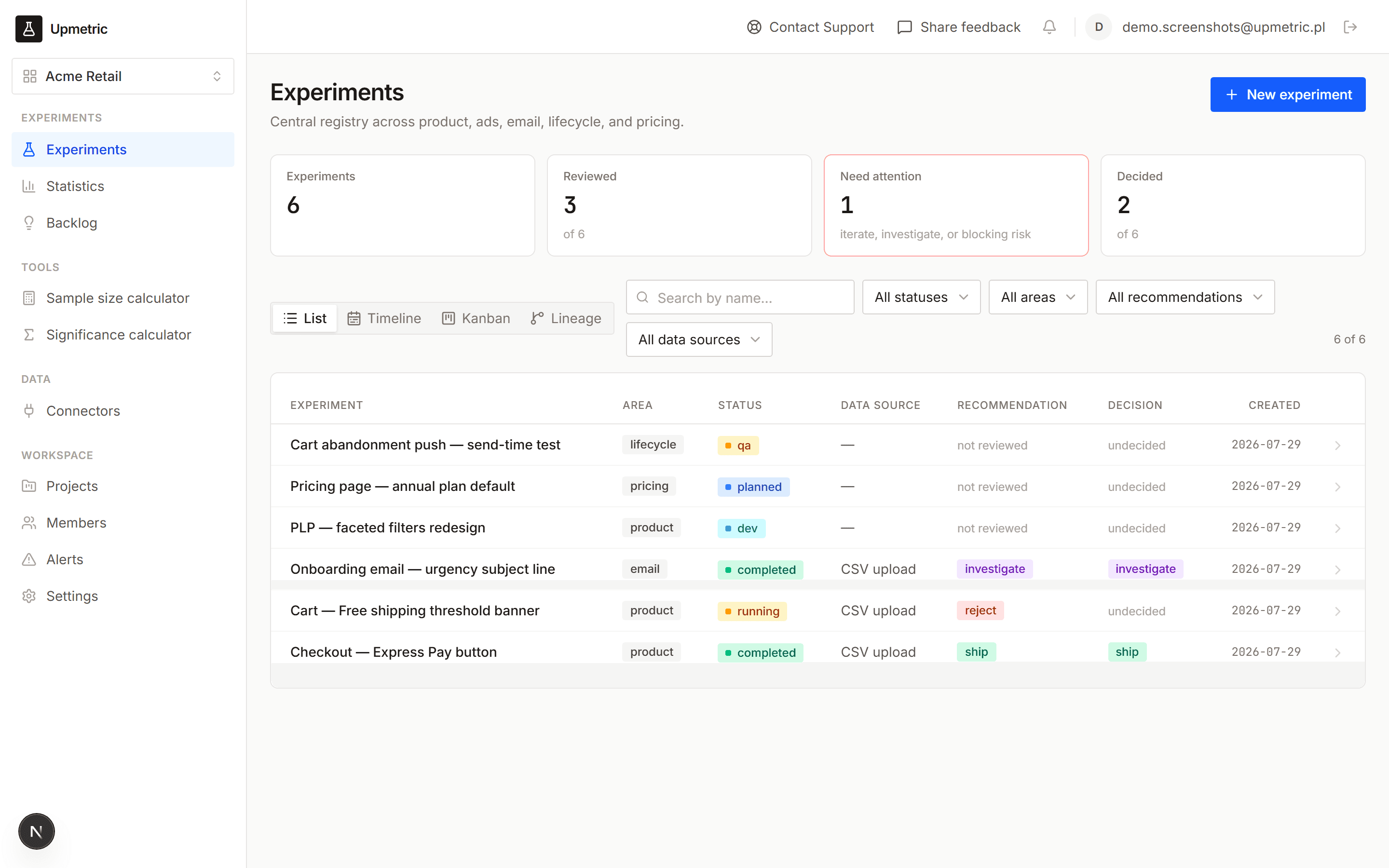 Experiment registry with status, owner and decision per experiment