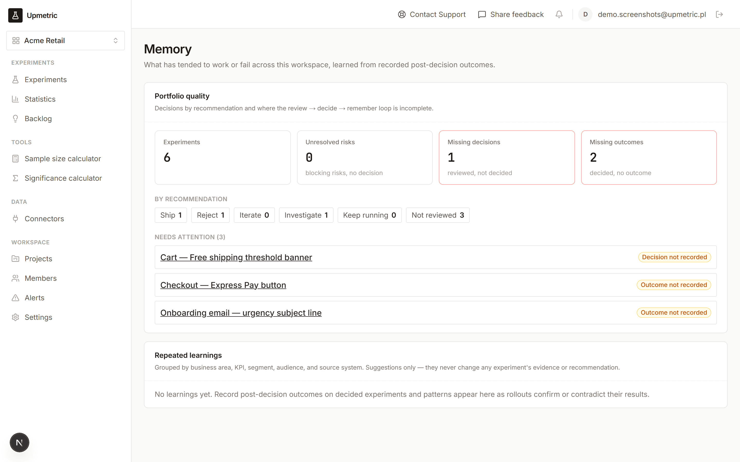 Decision log with recorded decisions, confidence and post-rollout outcomes